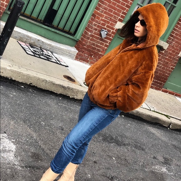 Last 1✨Caramel Brown Hoody Faux Fur Bomber Jacket - Picture 4 of 8